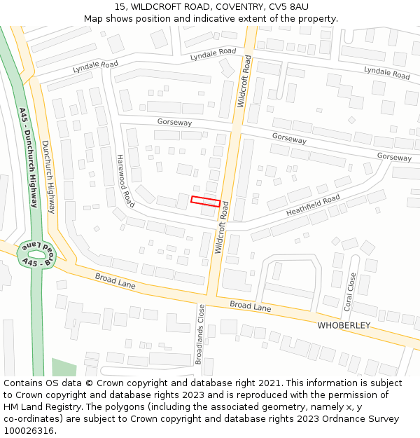 15, WILDCROFT ROAD, COVENTRY, CV5 8AU: Location map and indicative extent of plot