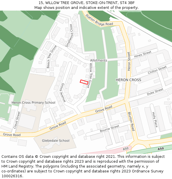 15, WILLOW TREE GROVE, STOKE-ON-TRENT, ST4 3BF: Location map and indicative extent of plot