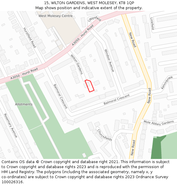 15, WILTON GARDENS, WEST MOLESEY, KT8 1QP: Location map and indicative extent of plot