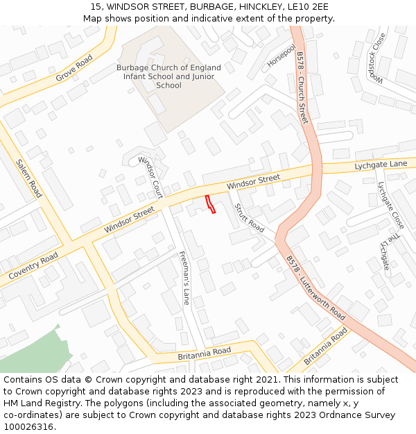 15, WINDSOR STREET, BURBAGE, HINCKLEY, LE10 2EE: Location map and indicative extent of plot