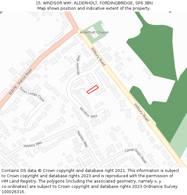 15, WINDSOR WAY, ALDERHOLT, FORDINGBRIDGE, SP6 3BN: Location map and indicative extent of plot