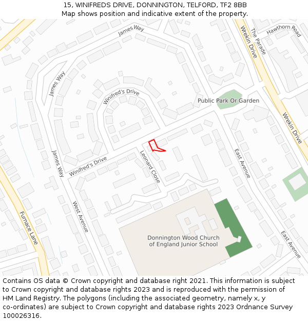 15, WINIFREDS DRIVE, DONNINGTON, TELFORD, TF2 8BB: Location map and indicative extent of plot