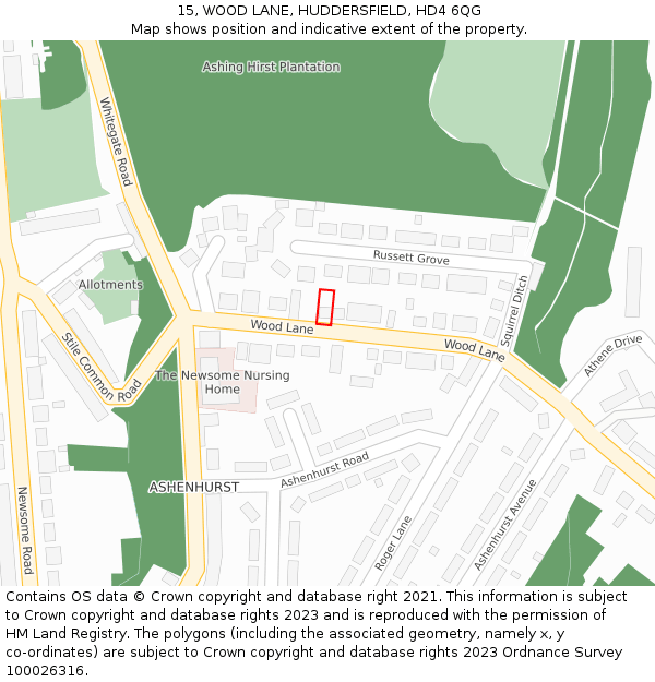 15, WOOD LANE, HUDDERSFIELD, HD4 6QG: Location map and indicative extent of plot