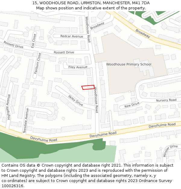 15, WOODHOUSE ROAD, URMSTON, MANCHESTER, M41 7DA: Location map and indicative extent of plot