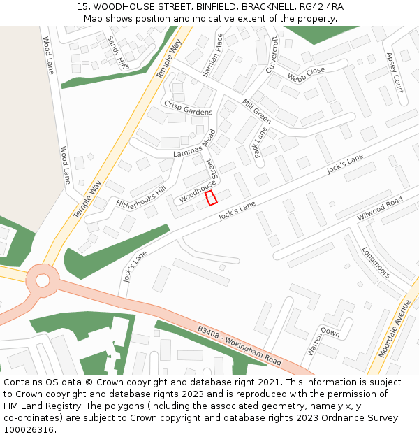 15, WOODHOUSE STREET, BINFIELD, BRACKNELL, RG42 4RA: Location map and indicative extent of plot