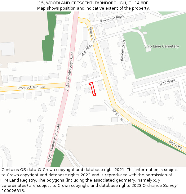 15, WOODLAND CRESCENT, FARNBOROUGH, GU14 8BF: Location map and indicative extent of plot