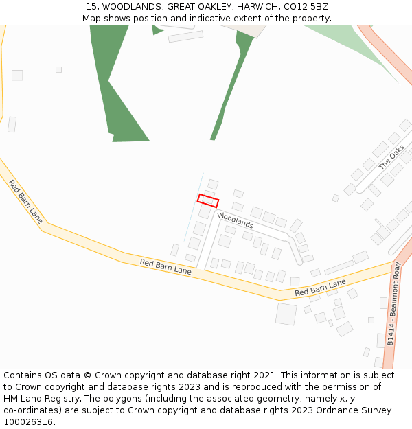 15, WOODLANDS, GREAT OAKLEY, HARWICH, CO12 5BZ: Location map and indicative extent of plot