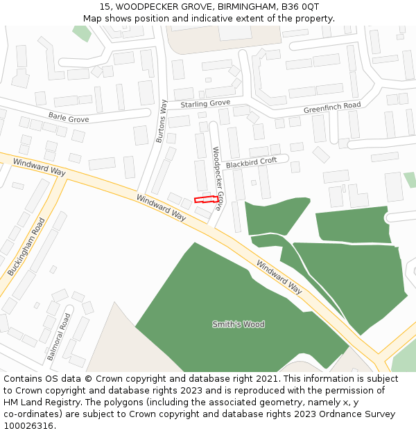 15, WOODPECKER GROVE, BIRMINGHAM, B36 0QT: Location map and indicative extent of plot