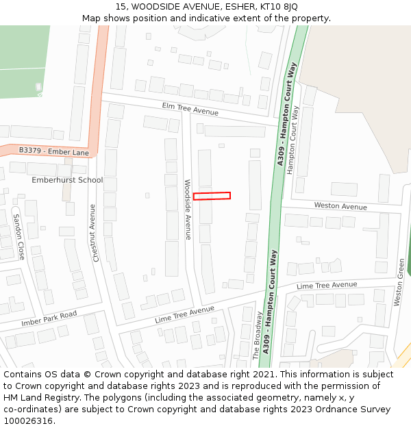 15, WOODSIDE AVENUE, ESHER, KT10 8JQ: Location map and indicative extent of plot