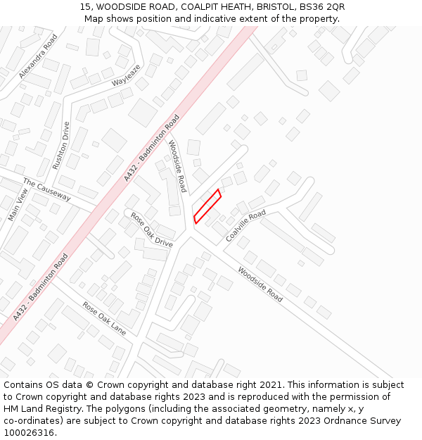 15, WOODSIDE ROAD, COALPIT HEATH, BRISTOL, BS36 2QR: Location map and indicative extent of plot