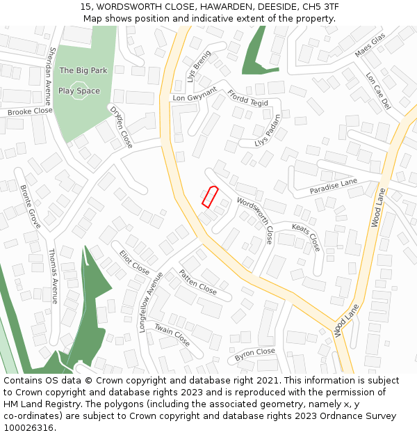 15, WORDSWORTH CLOSE, HAWARDEN, DEESIDE, CH5 3TF: Location map and indicative extent of plot