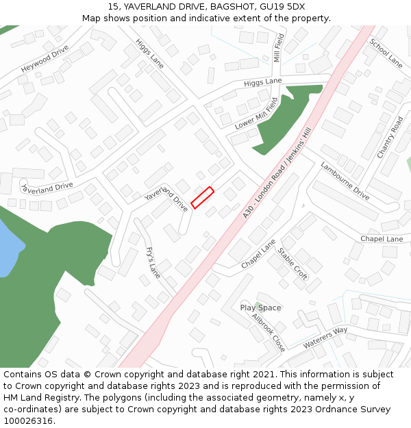 15, YAVERLAND DRIVE, BAGSHOT, GU19 5DX: Location map and indicative extent of plot