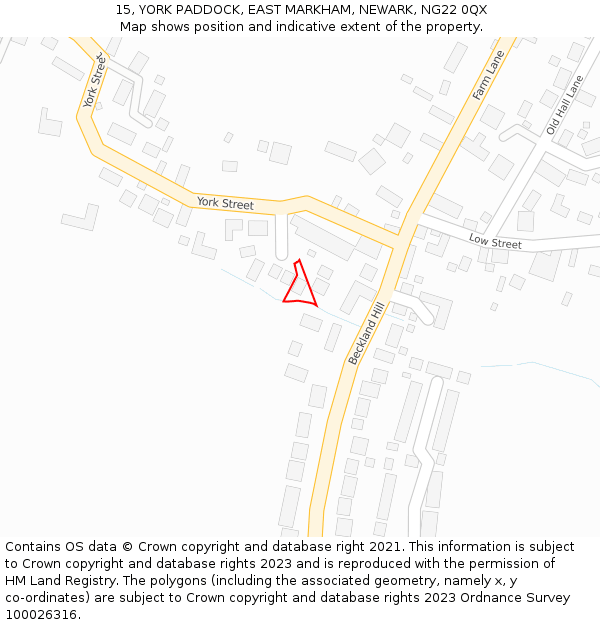15, YORK PADDOCK, EAST MARKHAM, NEWARK, NG22 0QX: Location map and indicative extent of plot