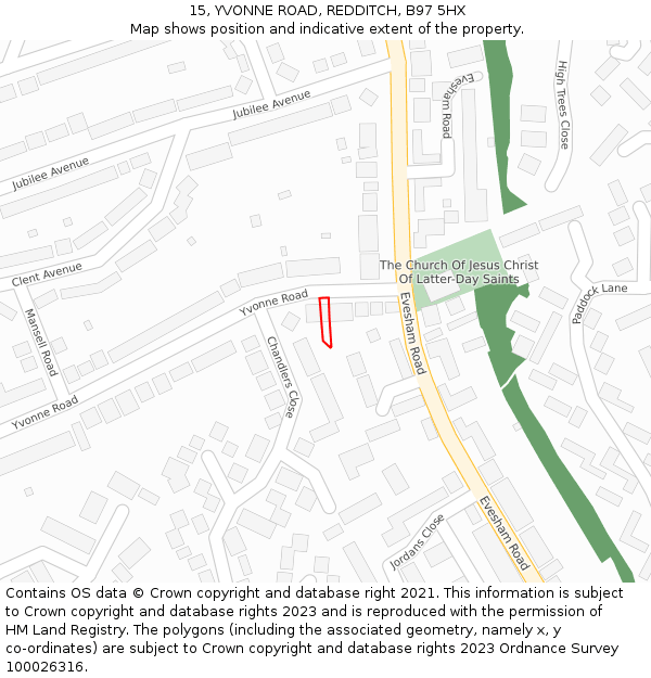 15, YVONNE ROAD, REDDITCH, B97 5HX: Location map and indicative extent of plot