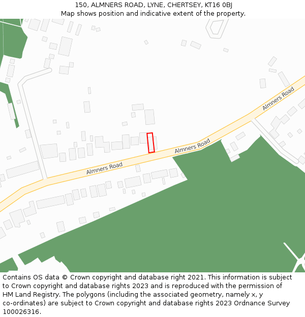 150, ALMNERS ROAD, LYNE, CHERTSEY, KT16 0BJ: Location map and indicative extent of plot