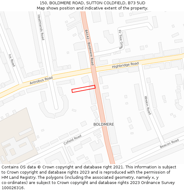 150, BOLDMERE ROAD, SUTTON COLDFIELD, B73 5UD: Location map and indicative extent of plot