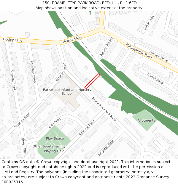 150, BRAMBLETYE PARK ROAD, REDHILL, RH1 6ED: Location map and indicative extent of plot