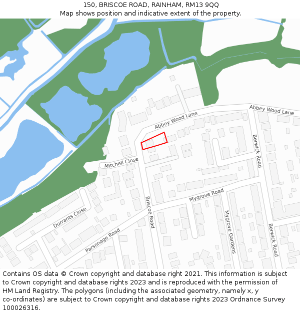 150, BRISCOE ROAD, RAINHAM, RM13 9QQ: Location map and indicative extent of plot