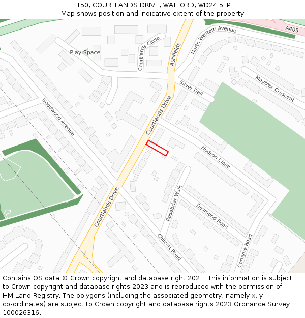 150, COURTLANDS DRIVE, WATFORD, WD24 5LP: Location map and indicative extent of plot