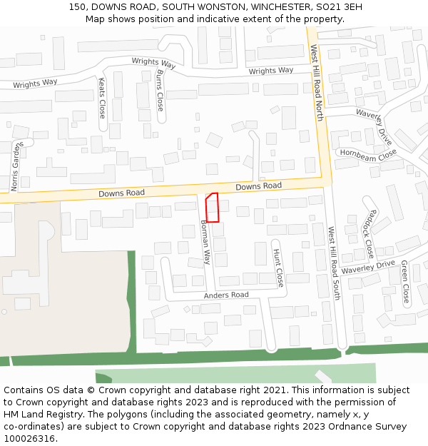 150, DOWNS ROAD, SOUTH WONSTON, WINCHESTER, SO21 3EH: Location map and indicative extent of plot