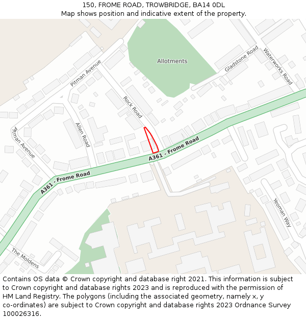 150, FROME ROAD, TROWBRIDGE, BA14 0DL: Location map and indicative extent of plot