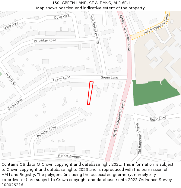 150, GREEN LANE, ST ALBANS, AL3 6EU: Location map and indicative extent of plot