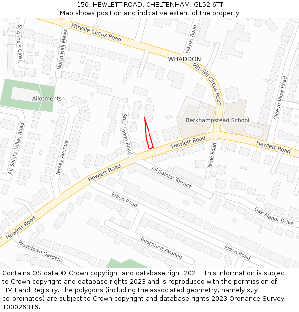 150, HEWLETT ROAD, CHELTENHAM, GL52 6TT: Location map and indicative extent of plot