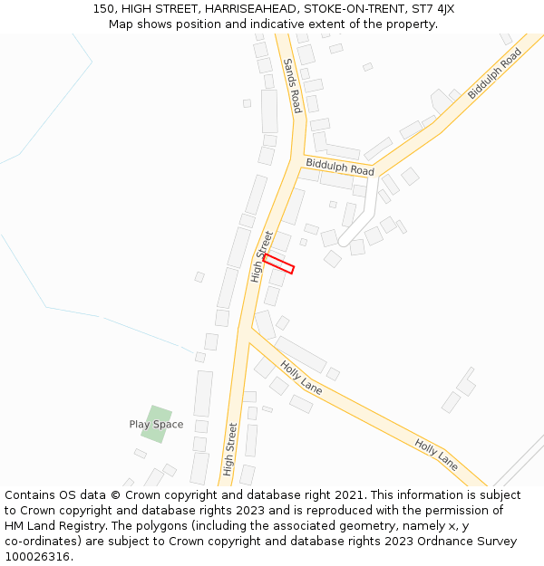 150, HIGH STREET, HARRISEAHEAD, STOKE-ON-TRENT, ST7 4JX: Location map and indicative extent of plot