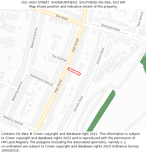 150, HIGH STREET, SHOEBURYNESS, SOUTHEND-ON-SEA, SS3 9AT: Location map and indicative extent of plot