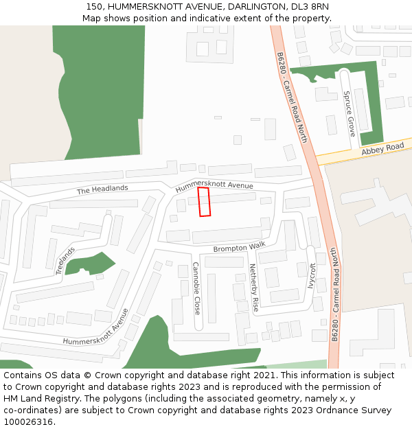 150, HUMMERSKNOTT AVENUE, DARLINGTON, DL3 8RN: Location map and indicative extent of plot