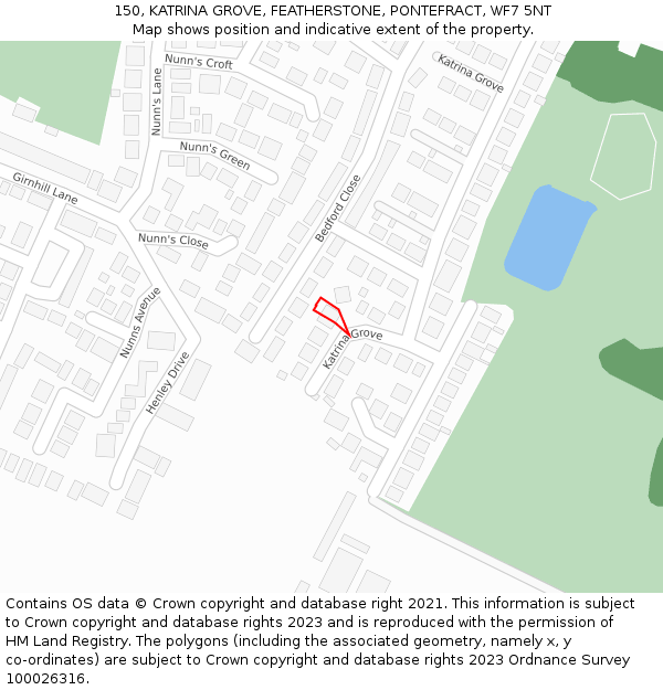 150, KATRINA GROVE, FEATHERSTONE, PONTEFRACT, WF7 5NT: Location map and indicative extent of plot