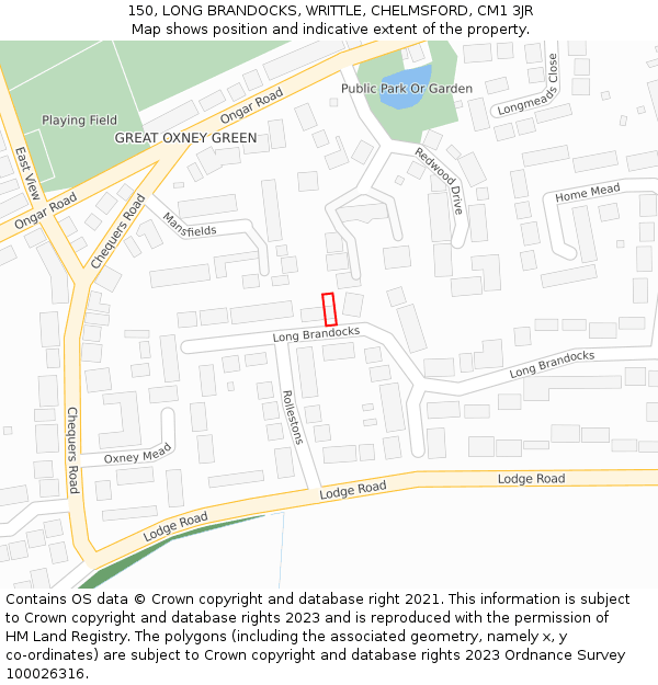 150, LONG BRANDOCKS, WRITTLE, CHELMSFORD, CM1 3JR: Location map and indicative extent of plot