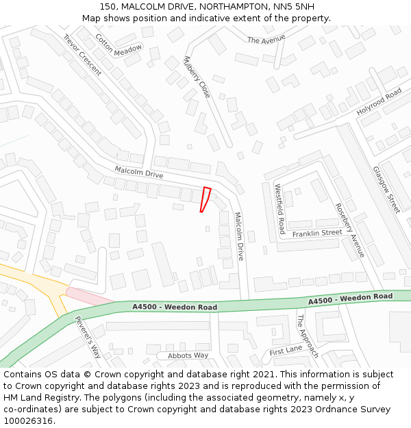 150, MALCOLM DRIVE, NORTHAMPTON, NN5 5NH: Location map and indicative extent of plot