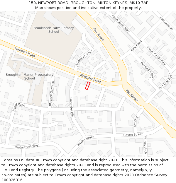 150, NEWPORT ROAD, BROUGHTON, MILTON KEYNES, MK10 7AP: Location map and indicative extent of plot