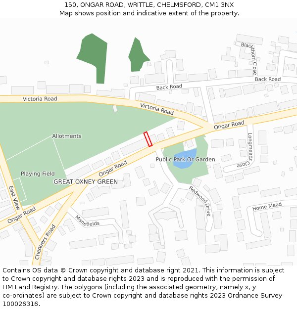 150, ONGAR ROAD, WRITTLE, CHELMSFORD, CM1 3NX: Location map and indicative extent of plot