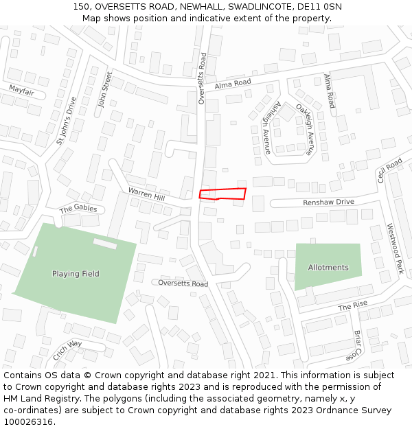 150, OVERSETTS ROAD, NEWHALL, SWADLINCOTE, DE11 0SN: Location map and indicative extent of plot