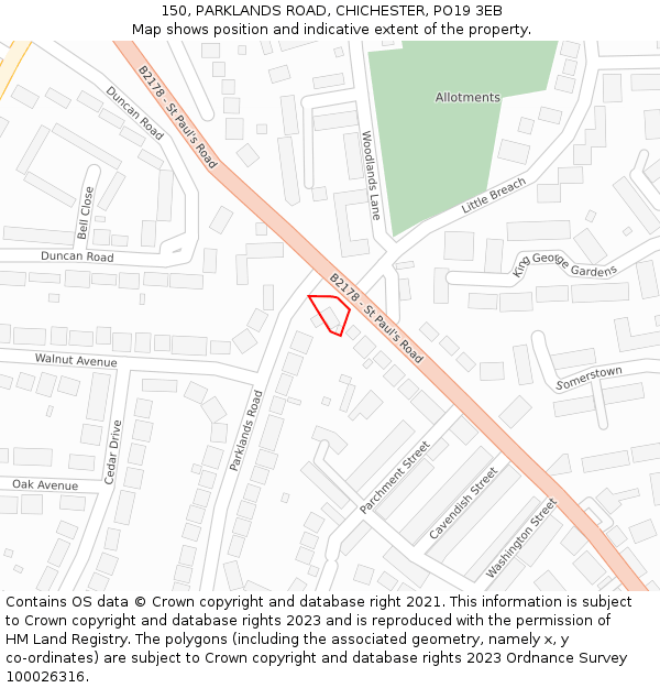 150, PARKLANDS ROAD, CHICHESTER, PO19 3EB: Location map and indicative extent of plot