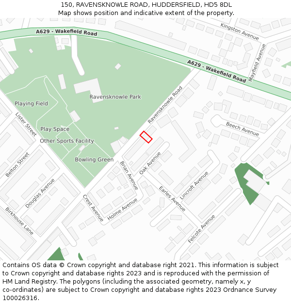 150, RAVENSKNOWLE ROAD, HUDDERSFIELD, HD5 8DL: Location map and indicative extent of plot