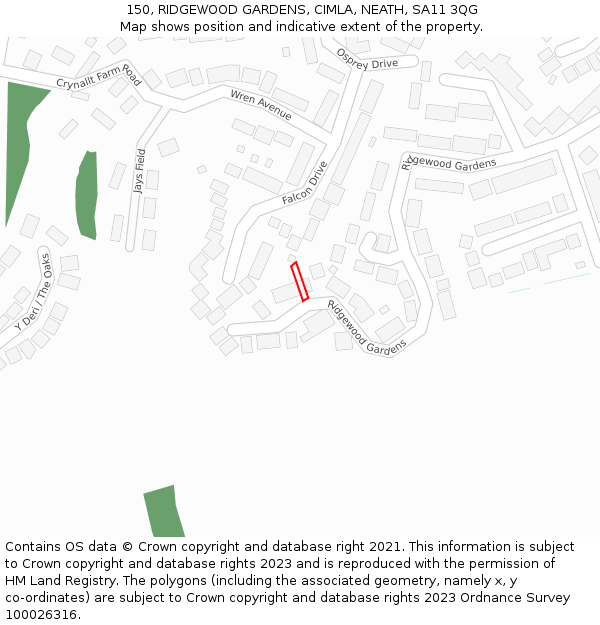 150, RIDGEWOOD GARDENS, CIMLA, NEATH, SA11 3QG: Location map and indicative extent of plot