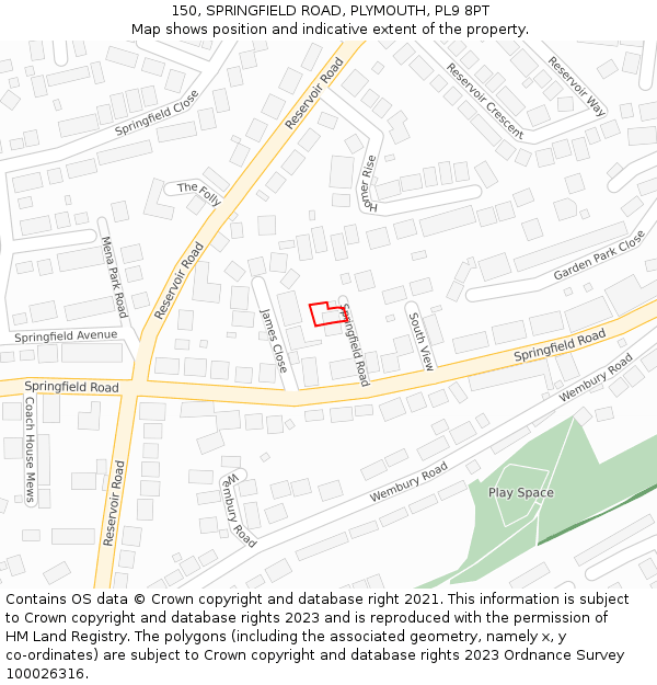 150, SPRINGFIELD ROAD, PLYMOUTH, PL9 8PT: Location map and indicative extent of plot