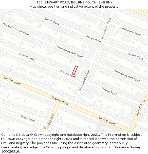 150, STEWART ROAD, BOURNEMOUTH, BH8 8NY: Location map and indicative extent of plot