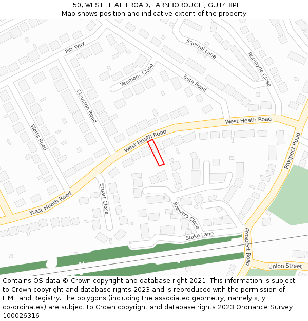 150, WEST HEATH ROAD, FARNBOROUGH, GU14 8PL: Location map and indicative extent of plot