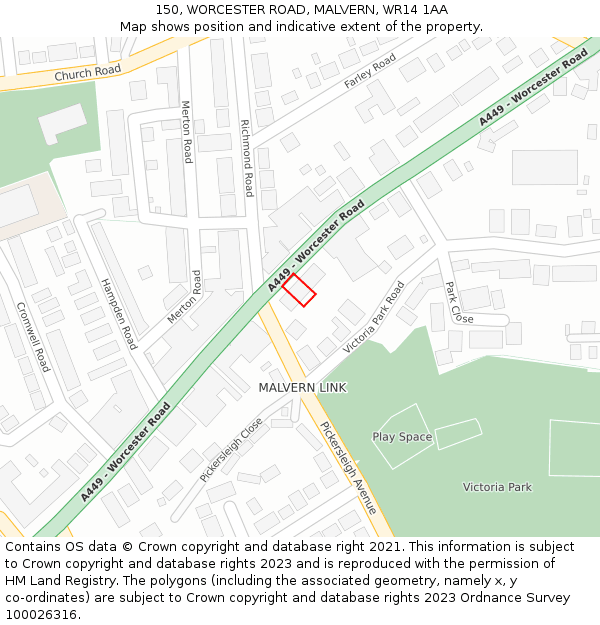 150, WORCESTER ROAD, MALVERN, WR14 1AA: Location map and indicative extent of plot