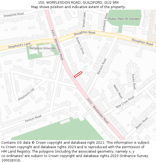 150, WORPLESDON ROAD, GUILDFORD, GU2 9RX: Location map and indicative extent of plot