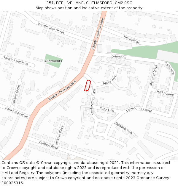 151, BEEHIVE LANE, CHELMSFORD, CM2 9SG: Location map and indicative extent of plot