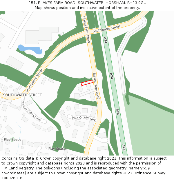 151, BLAKES FARM ROAD, SOUTHWATER, HORSHAM, RH13 9GU: Location map and indicative extent of plot