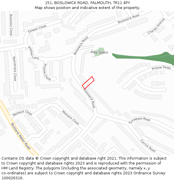 151, BOSLOWICK ROAD, FALMOUTH, TR11 4PY: Location map and indicative extent of plot