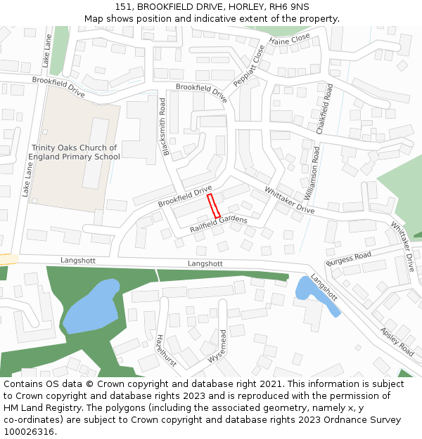 151, BROOKFIELD DRIVE, HORLEY, RH6 9NS: Location map and indicative extent of plot