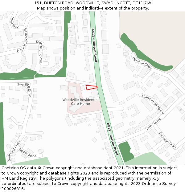 151, BURTON ROAD, WOODVILLE, SWADLINCOTE, DE11 7JW: Location map and indicative extent of plot