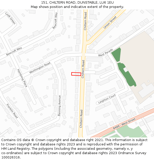 151, CHILTERN ROAD, DUNSTABLE, LU6 1EU: Location map and indicative extent of plot